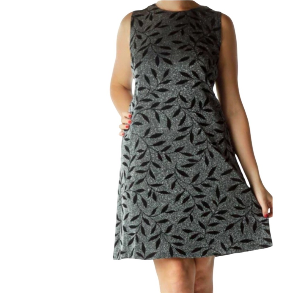 Donna Ricco Silver Metallic Black Velvet Leaf Sleeveless Shift Dress Womens 4